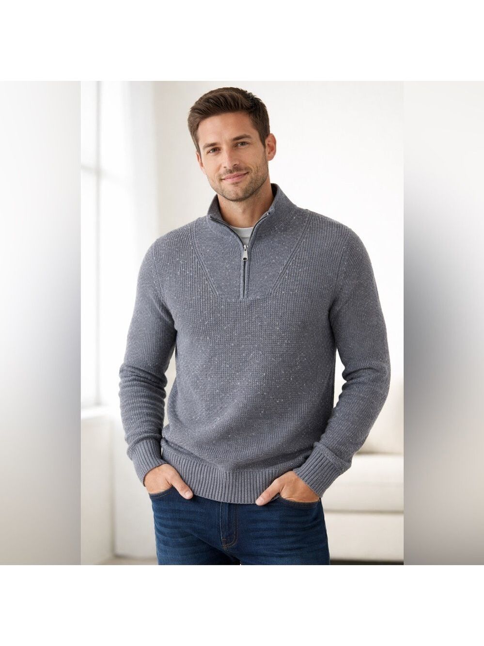 Fossil Quarter Zip Waffle Knit Mock Neck Speckled Sweater Mens M Gray Wool